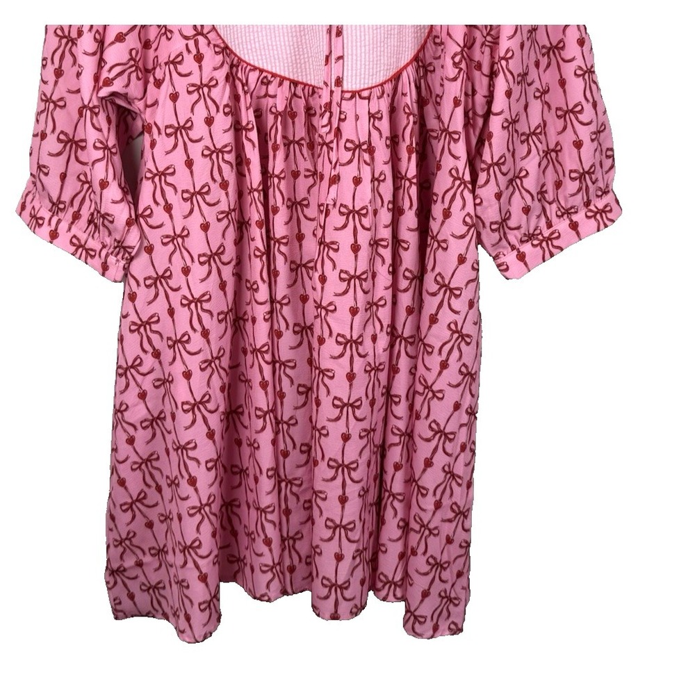 Simply Southern Pink Bow Yoke Babydoll Dress Puff Sleeve Valentine Coquette L - Picture 4 of 13
